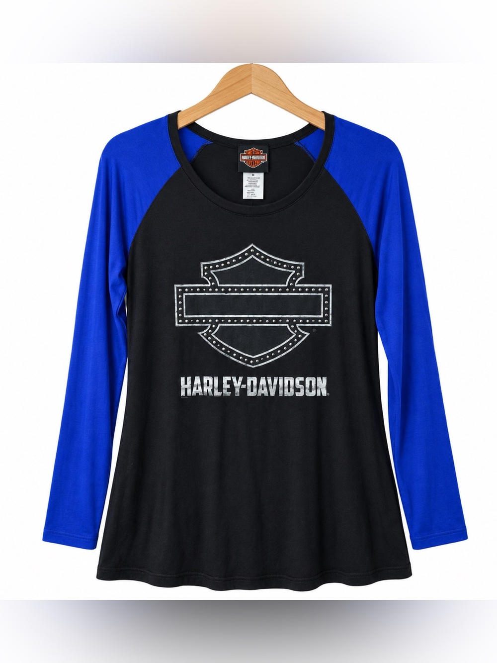 Harley Davidson Long Sleeve Tee Black Blue Raglan Logo Graphic Top Size L NWT